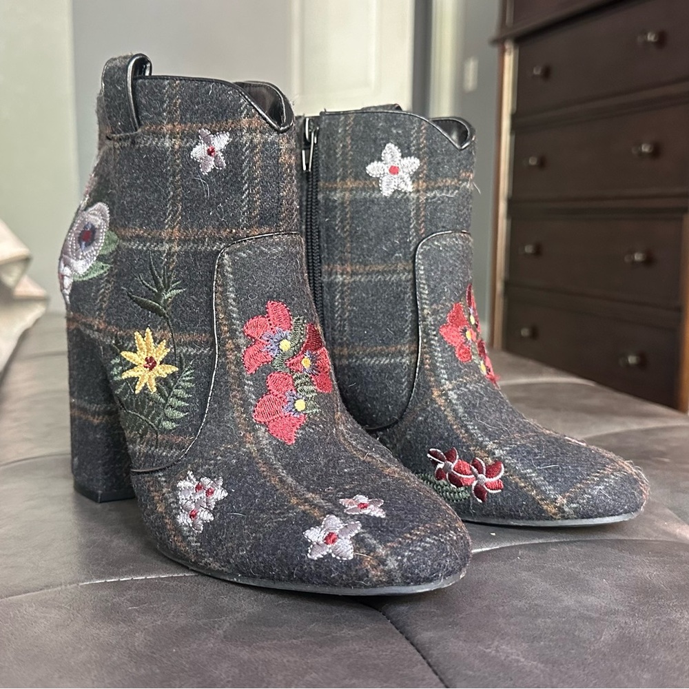 Denim Embroidered Floral Ankle Boots -